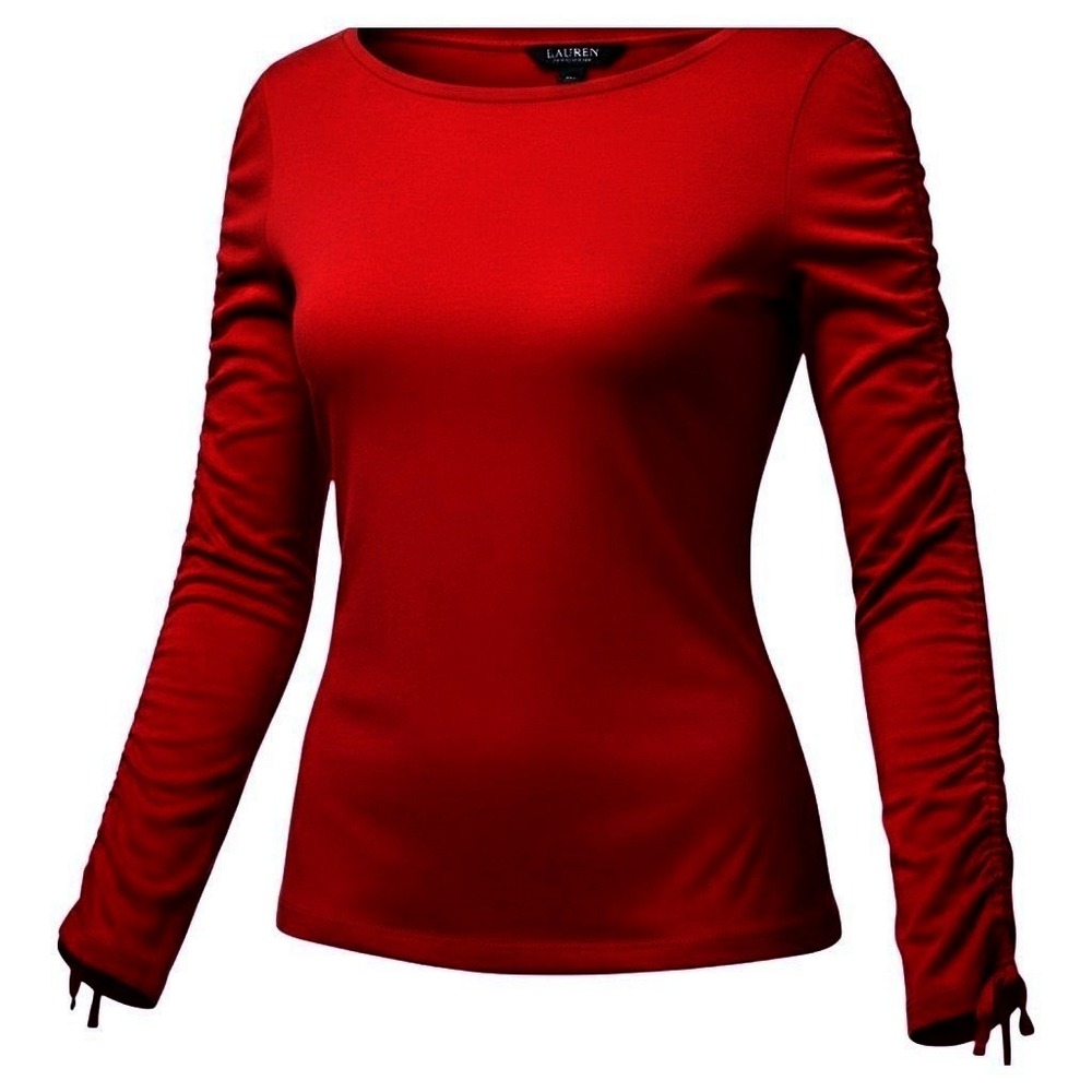 Lauren Ralph Lauren MEDIUM Red Ruched Sleeve Tie Cuff Boat Neck Top Medium